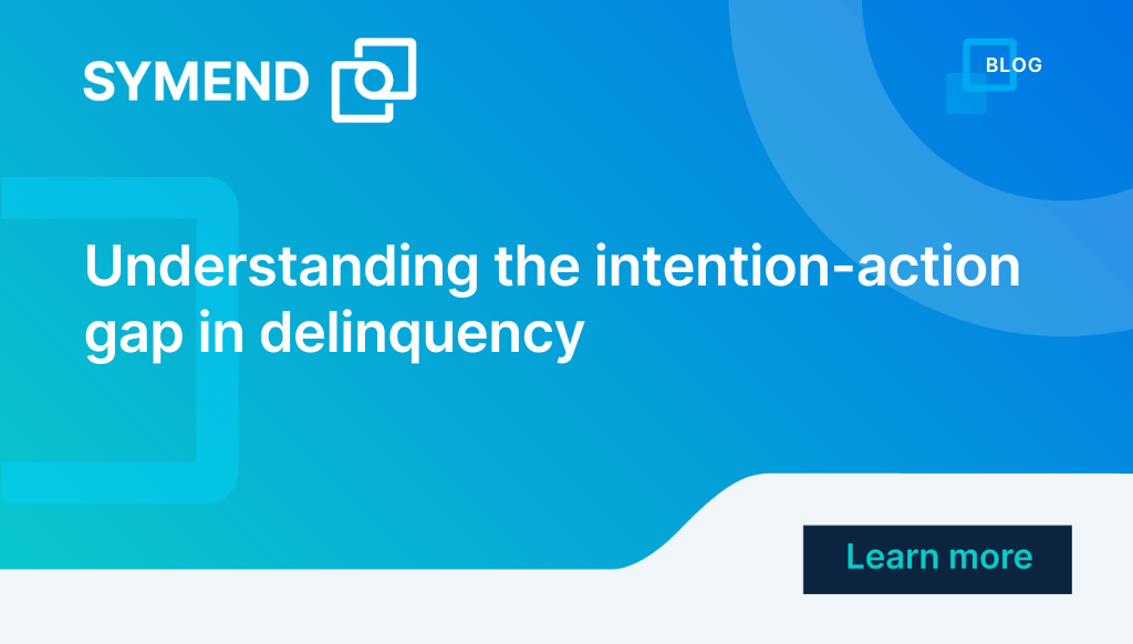 The title "understanding the intention-action gap in delinquency" on an abstract background with Symend logo.